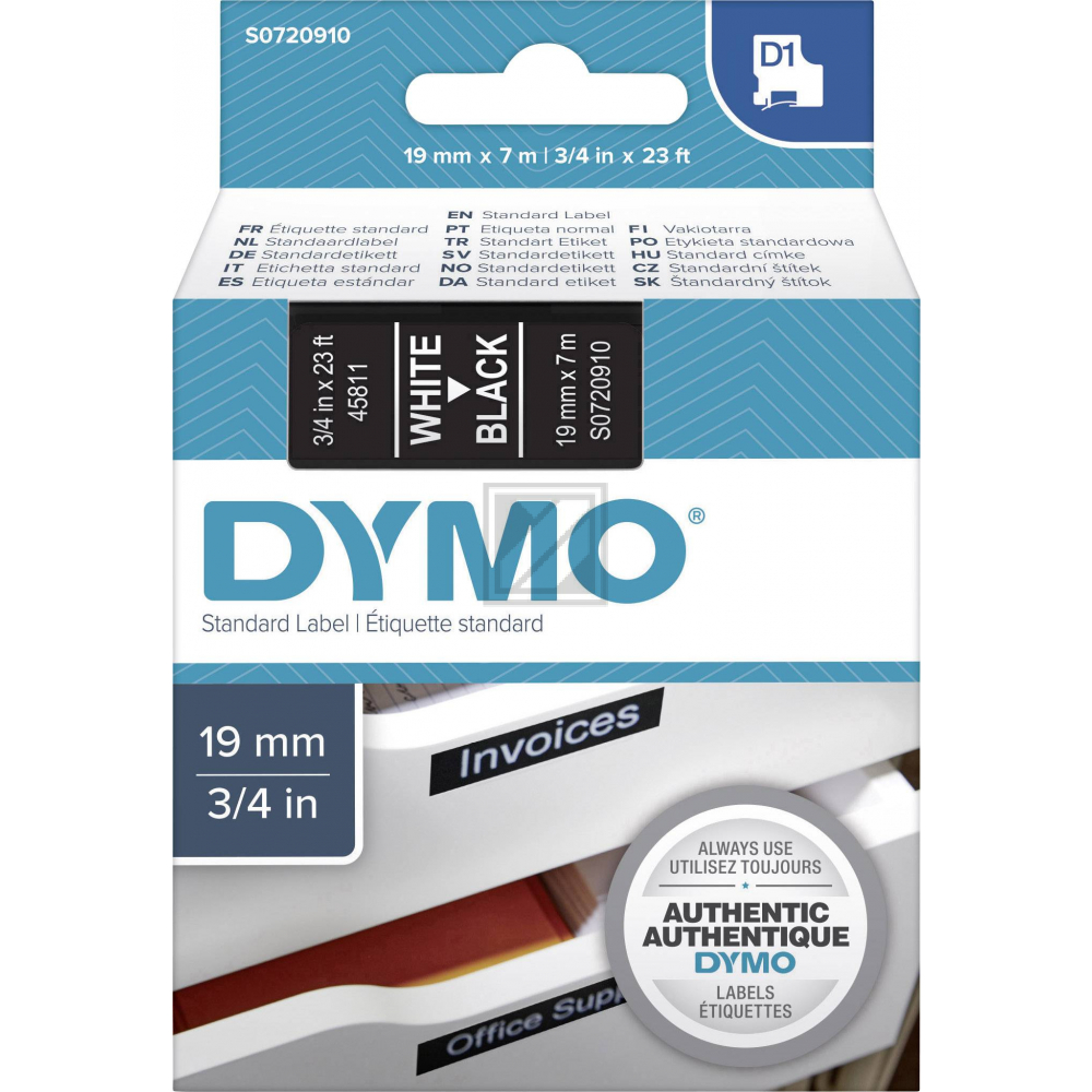 Dymo D1 Schriftband 45811 Standard weiß auf schwarz 19 mm/7 m