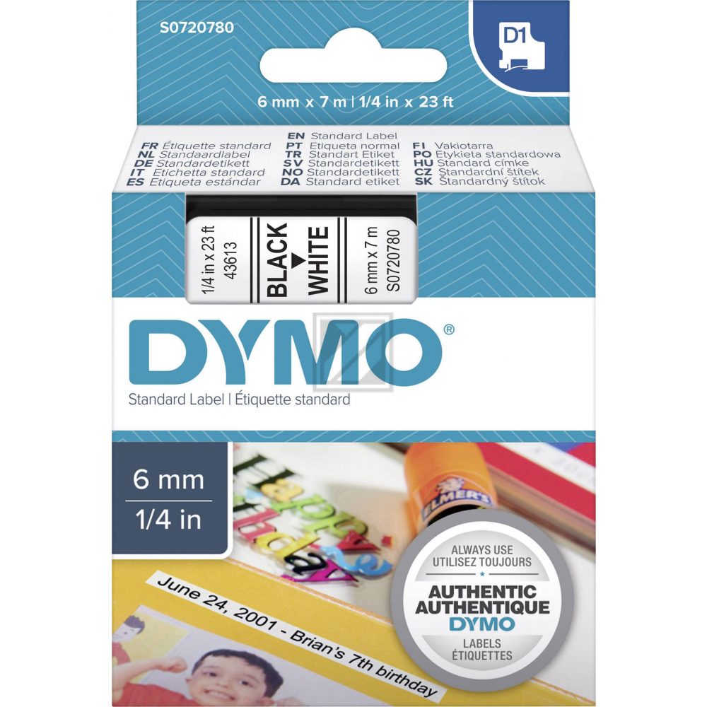 Dymo D1 Schriftband 43613 Standard schwarz auf weiss 6 mm/7 m