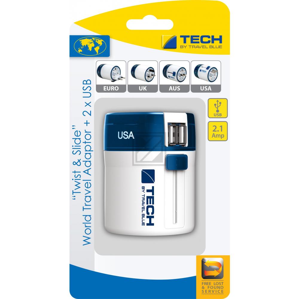 Travel Blue Sliding Adaptor Europe Strom Weltreise-Adapter 2 USB