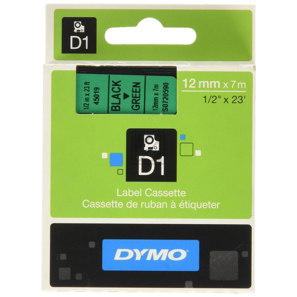 Dymo D1 Schriftband 45019 Standard schwarz auf grün 12 mm/7 m